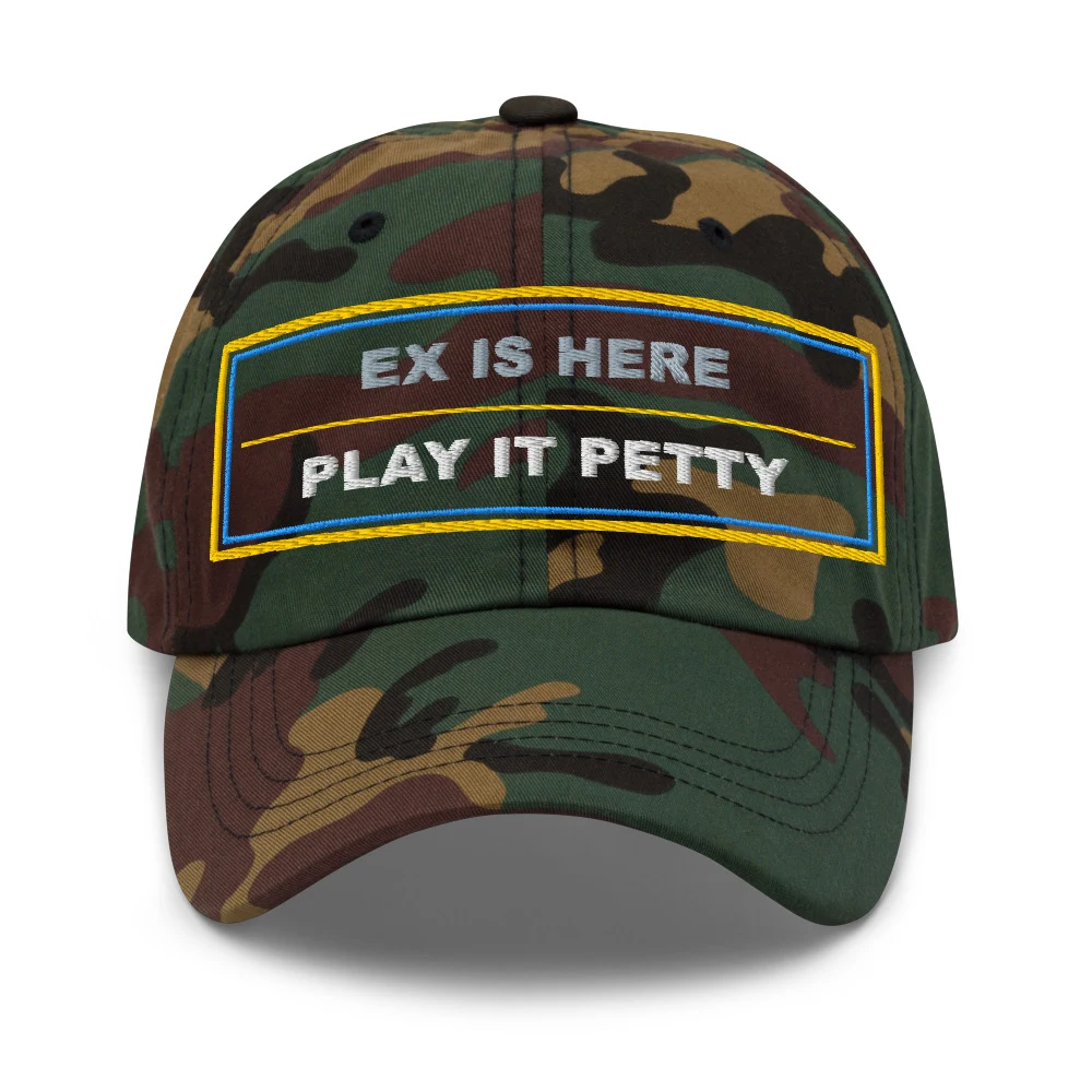 Ex Is Here Play It Petty Dad Cap Green Camo front view