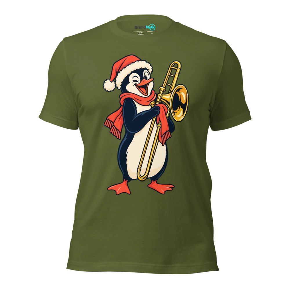 A penguin polishing a brass trombone with a scarf T Shirt Olive Front