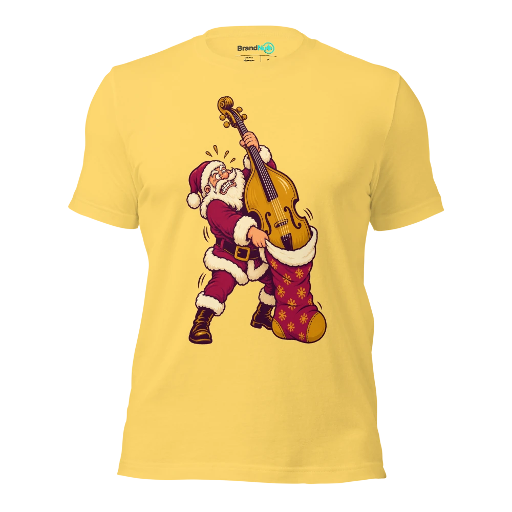 Santa struggling to fit an enormous double bass into a small stocking T Shirt Yellow Front