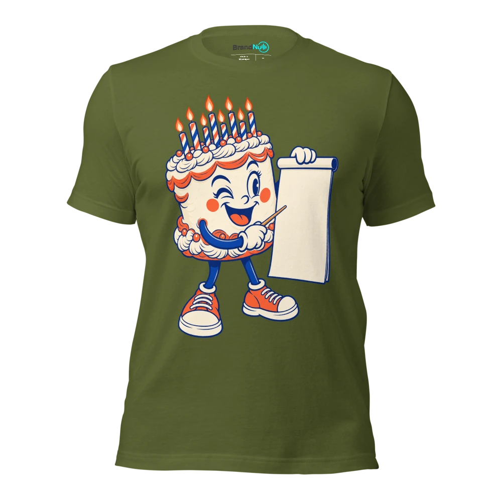 Cake mascot holding a tiny wooden baton and a blank chart T Shirt Olive Front