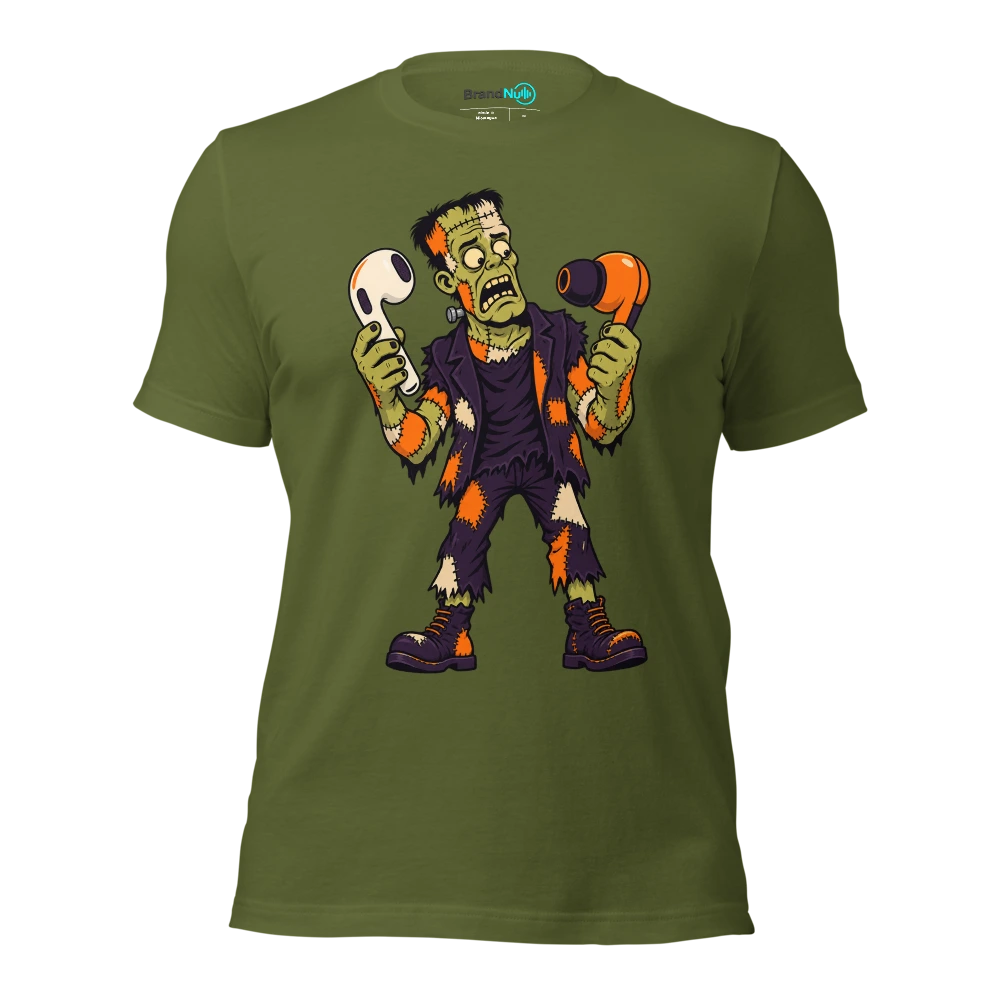 THE PATCHWORK MONSTER HAS MISMATCHED EARBUDS T Shirt Olive Front