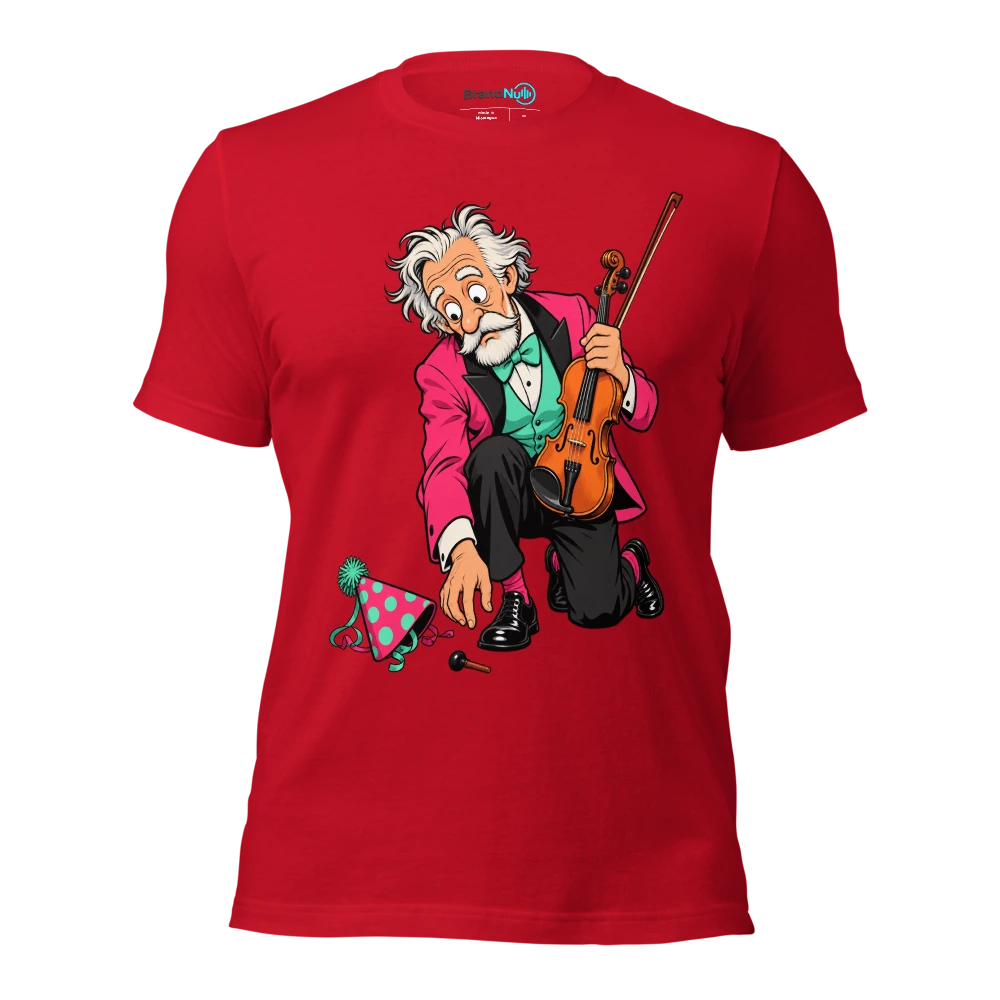 Older musician kneeling beside a dropped violin peg and party hat T Shirt Red Front