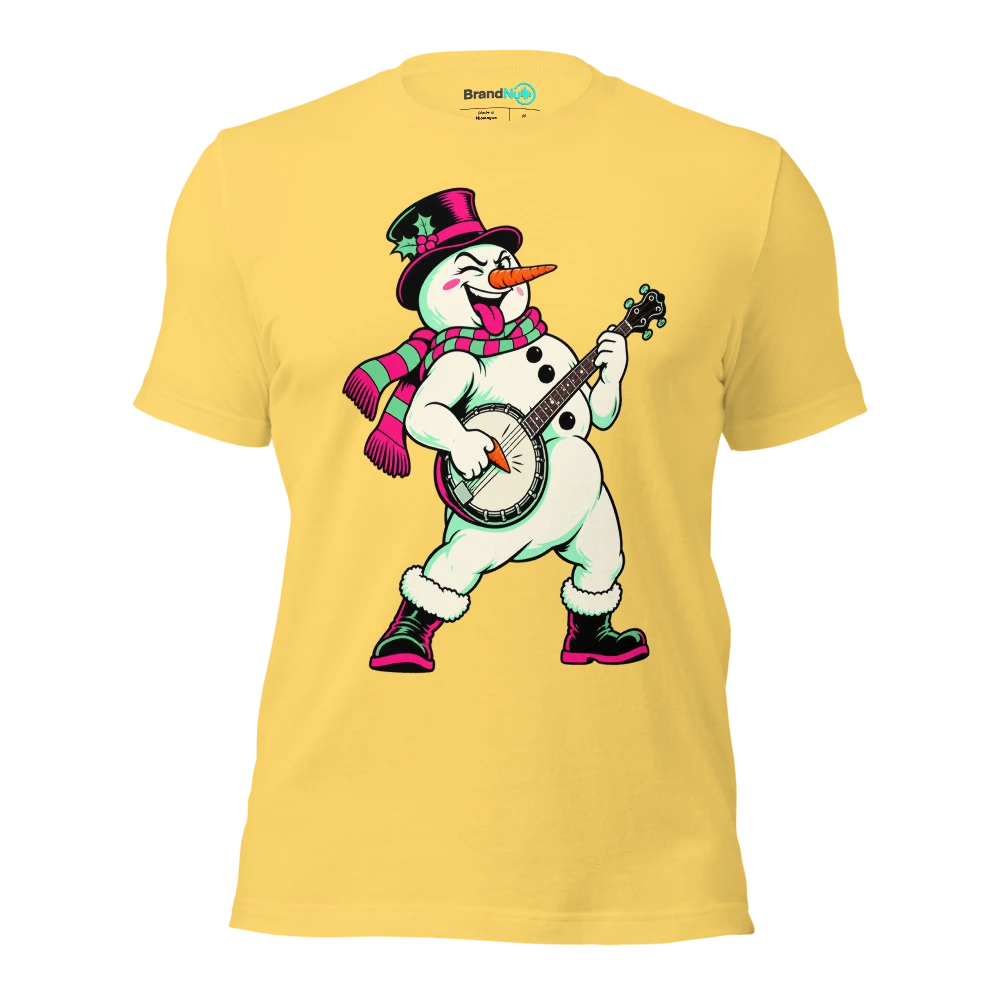Snowman plucking a banjo with a carrot shaped pick T Shirt Yellow Front