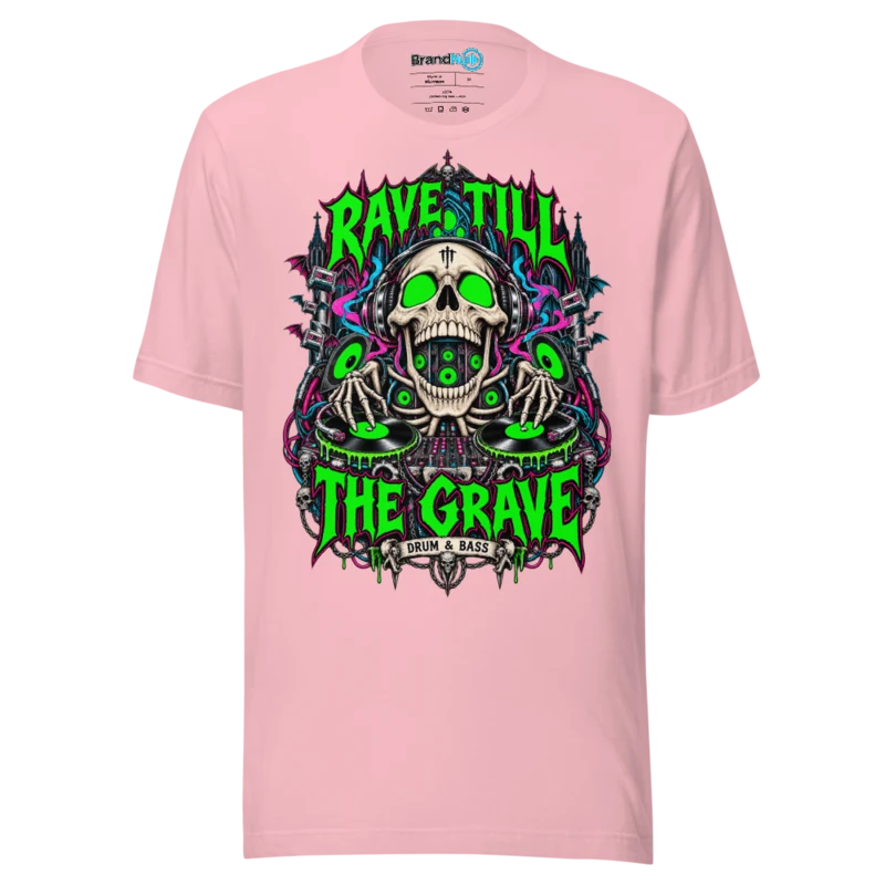 Rave Till The Grave Drum and Bass T Shirt Skull Deck Green Screen Edition - Pink