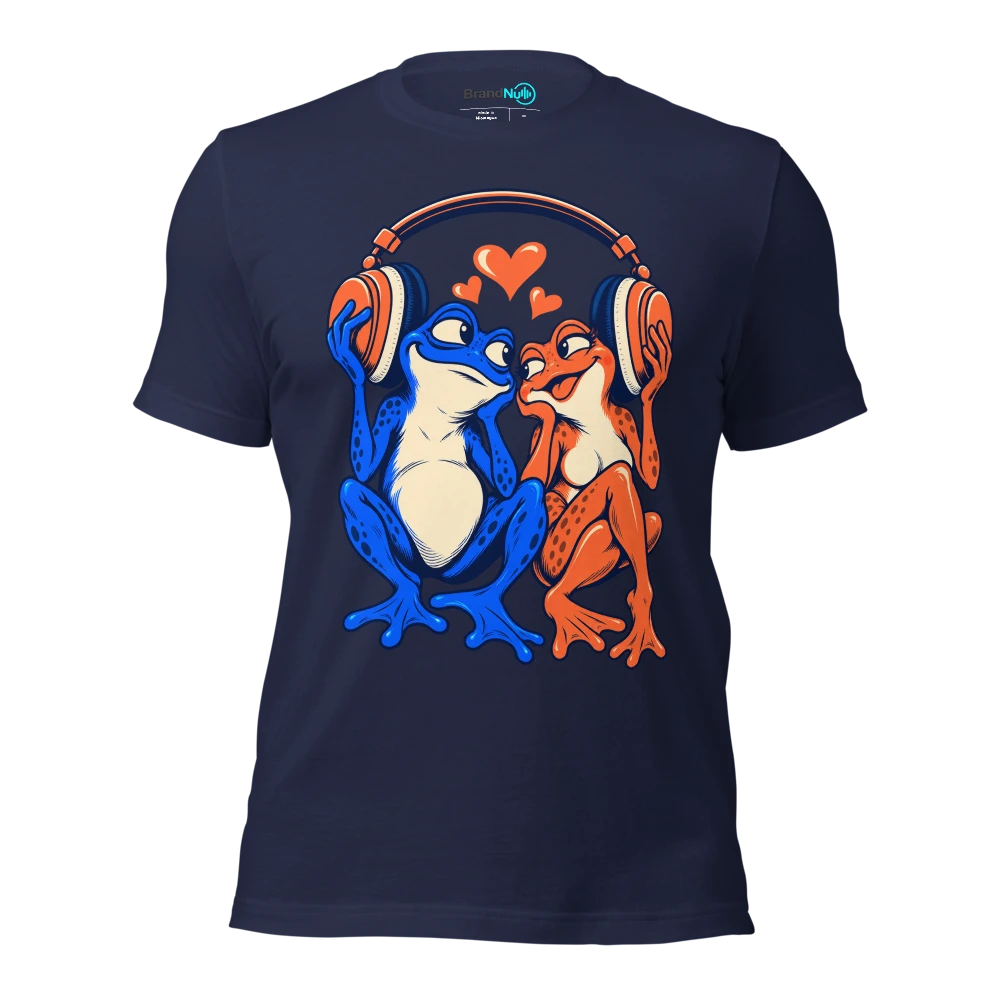 Two frogs sharing a huge pair of headphones at opposite ends T Shirt Navy Front