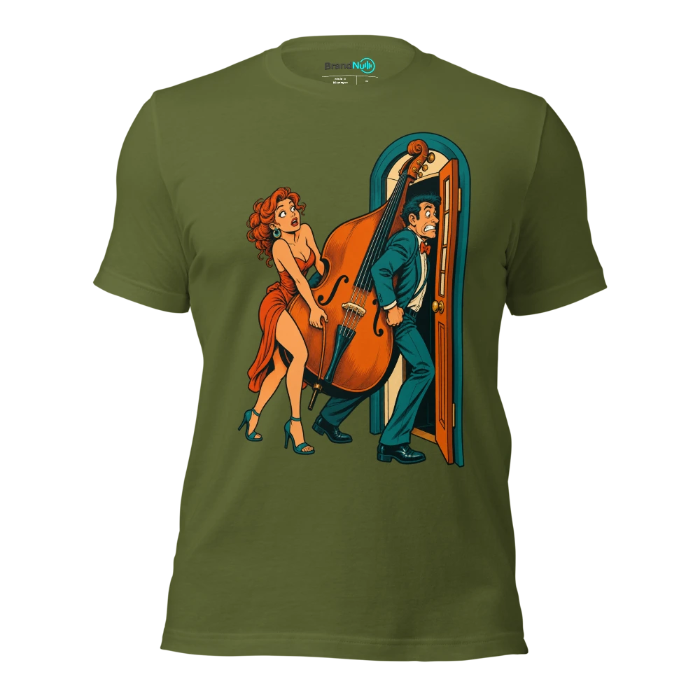 Couple trying to carry a double bass through a tiny restaurant door T Shirt Olive Front