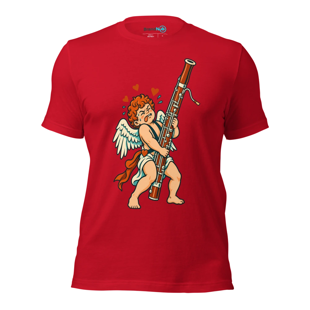 A cupid struggling to carry a full size bassoon instead of a bow T Shirt Red Front