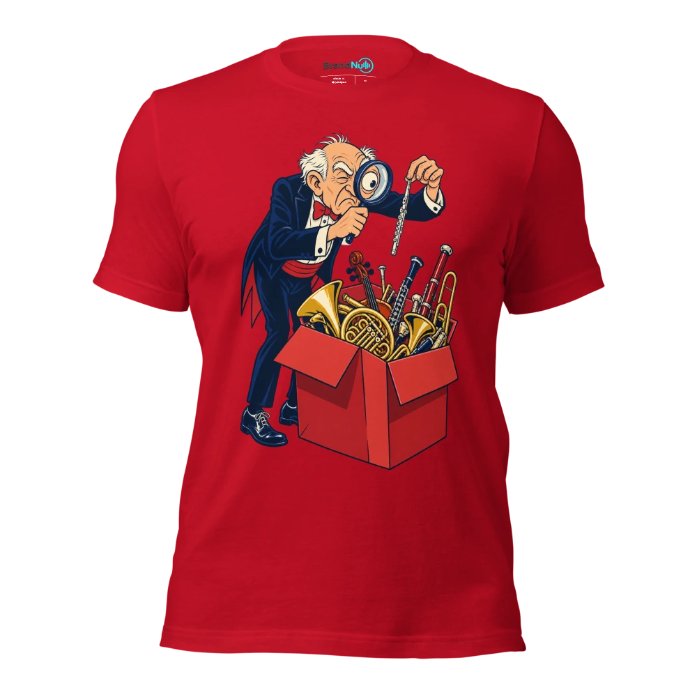 Older musician using a magnifier to find a piccolo in a large box T Shirt Red Front