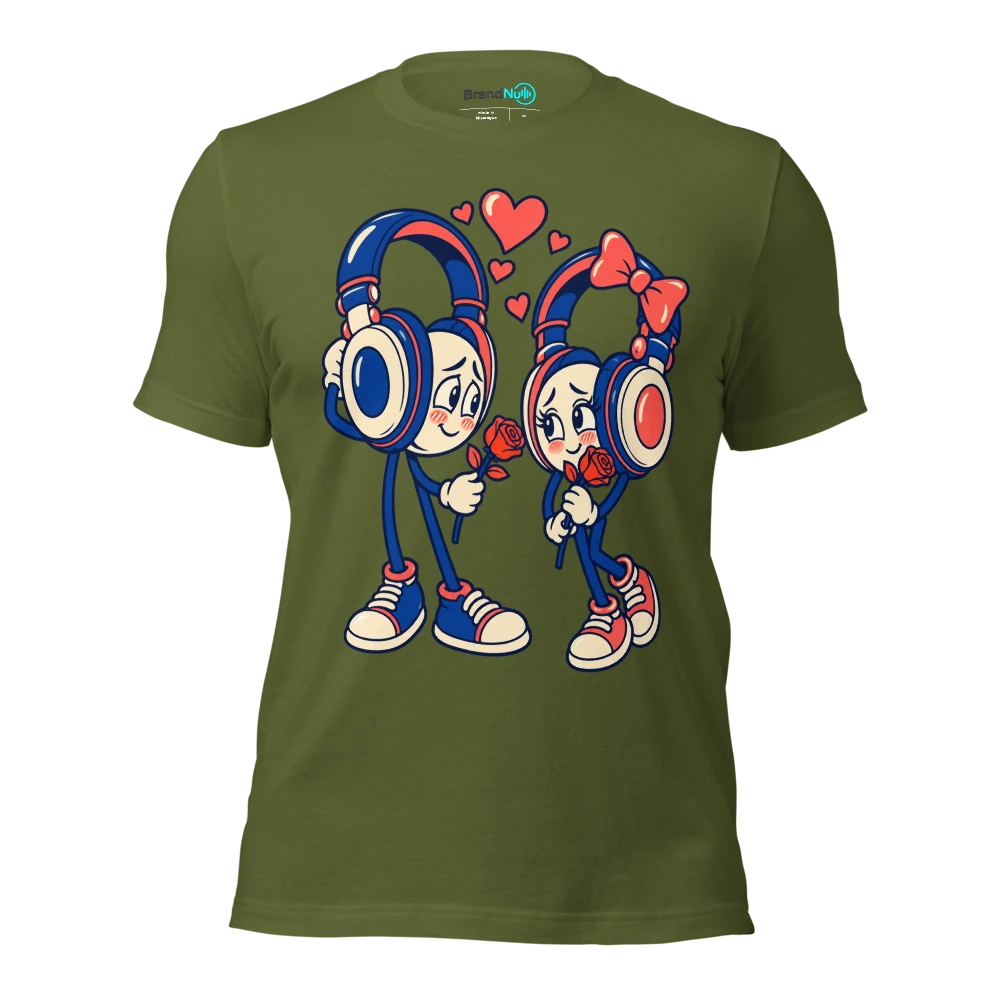 Two shy headphones offering each other a single rose T Shirt Olive Front
