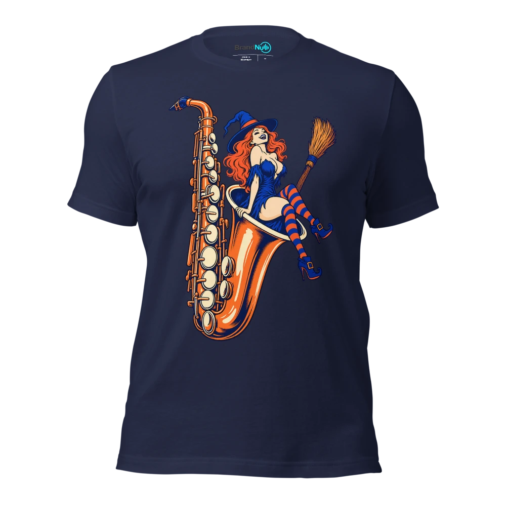 Witch broom parked inside an enormous saxophone bell T Shirt Navy Front