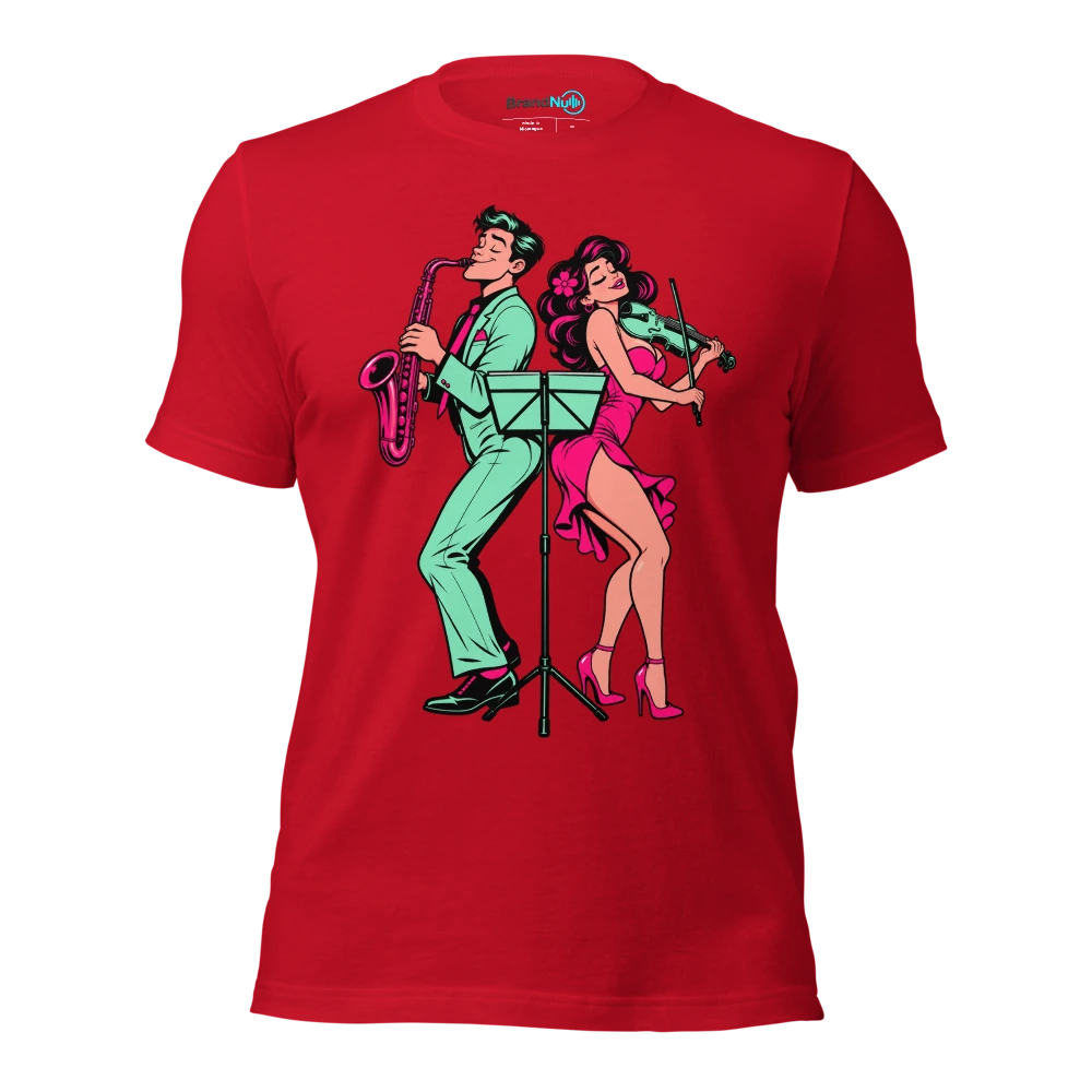 Couple sharing a music stand while facing opposite directions T Shirt Red Front