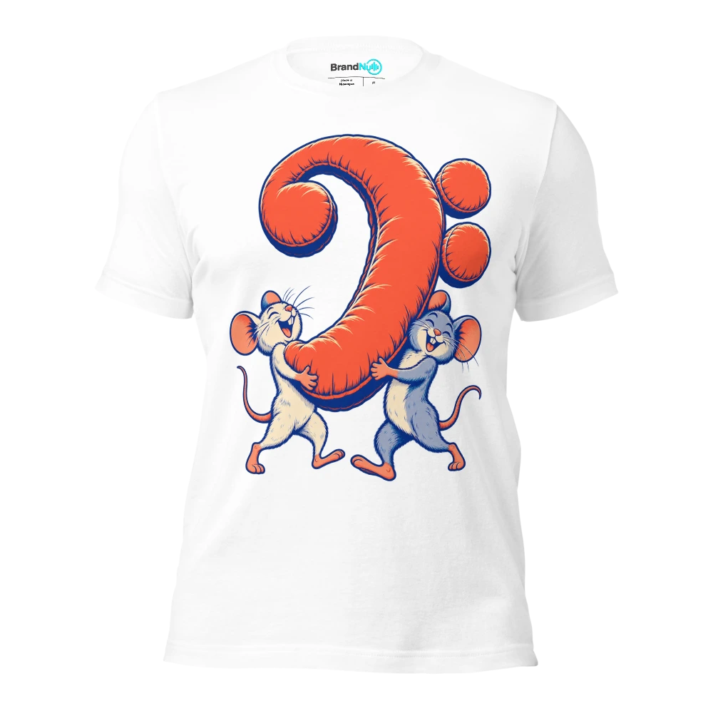 Two mice carrying one enormous bass clef shaped cushion T Shirt White Front