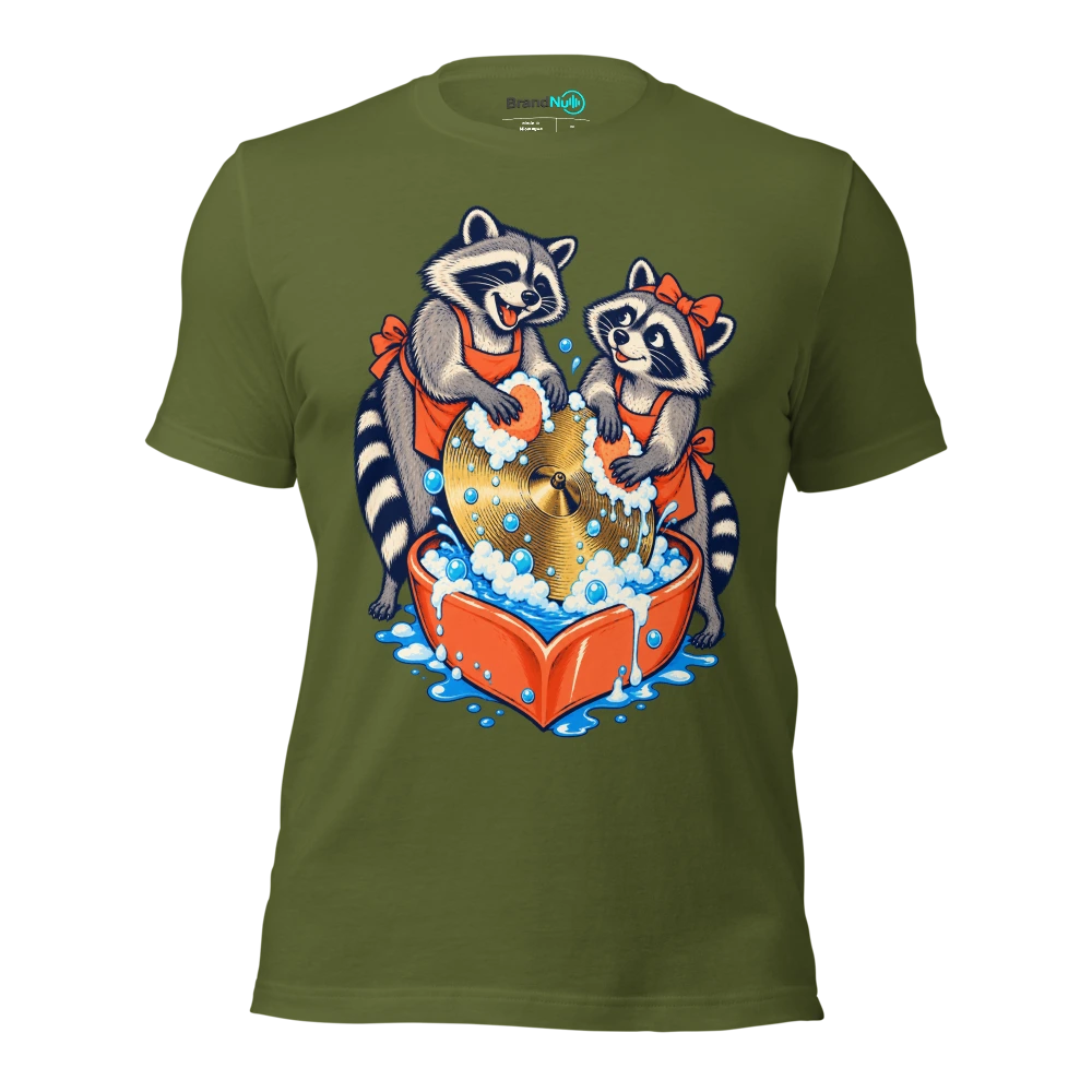 Two raccoons washing a single cymbal in a heart shaped basin T Shirt Olive Front