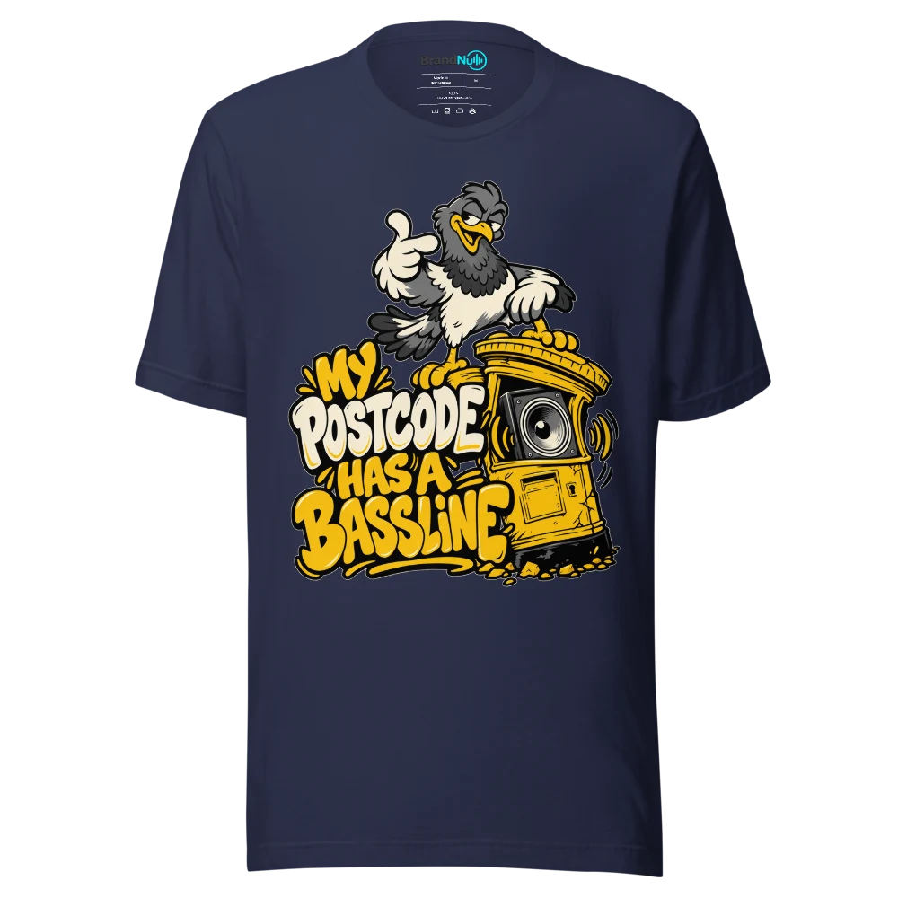 MY POSTCODE HAS A BASSLINE T Shirt Navy Front
