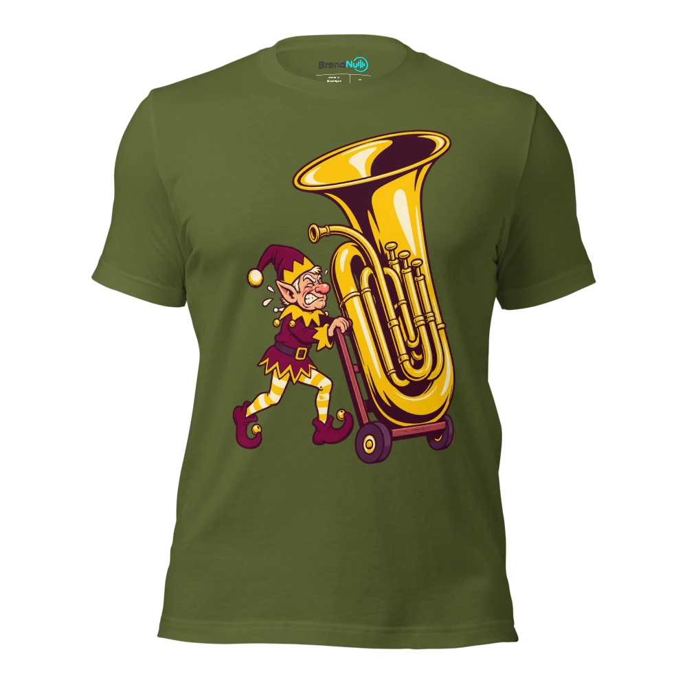 Elf pushing an enormous tuba on a toy trolley T Shirt Olive Front