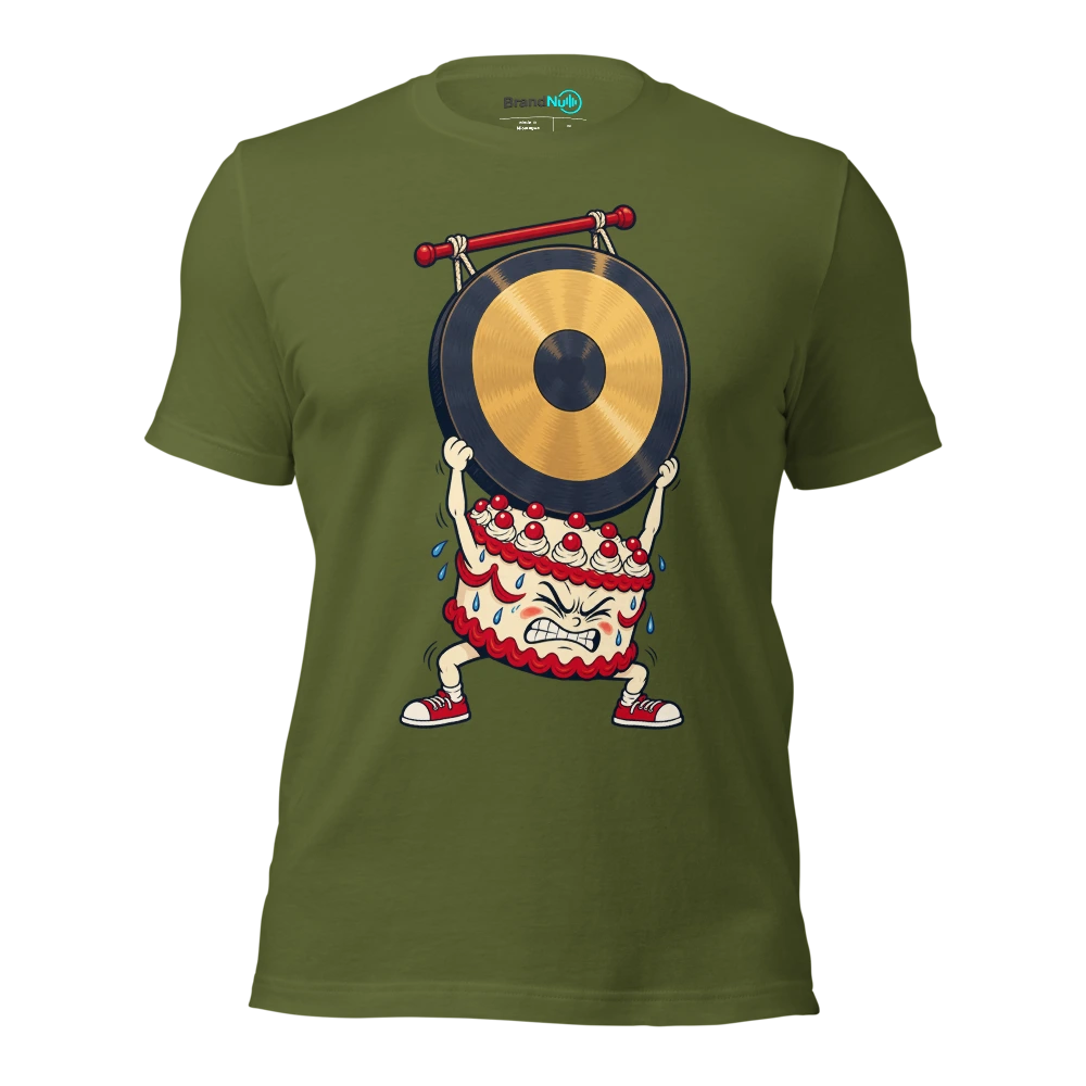 Cake mascot attempting to lift a gong with tiny arms T Shirt Olive Front