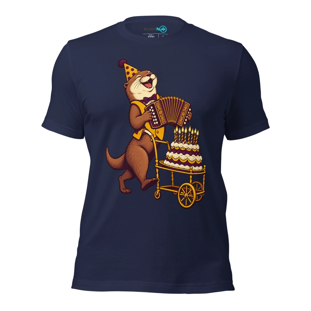 Birthday otter carrying a concertina on a cake trolley T Shirt Navy Front
