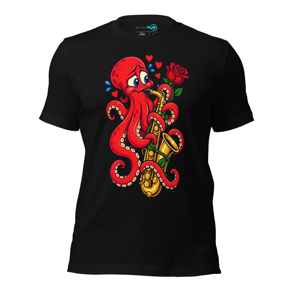 An octopus nervously wrapping a single rose around a saxophone T-SHIRT