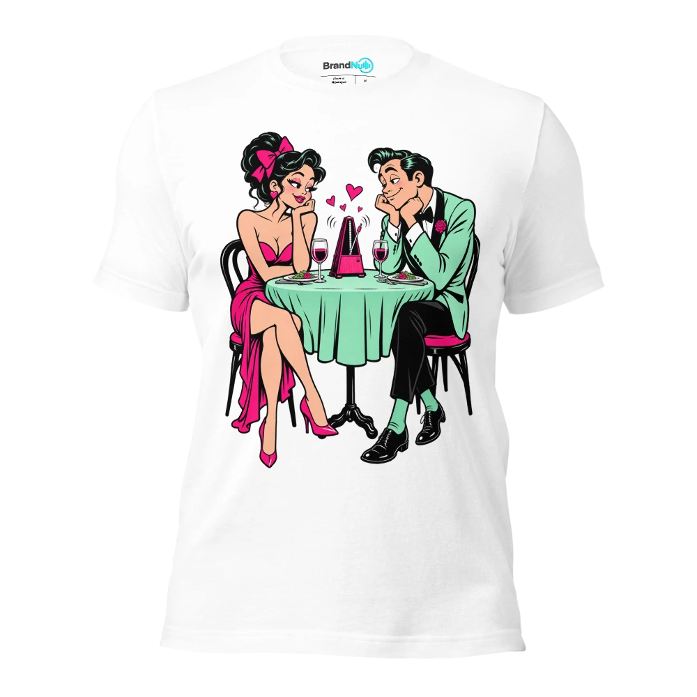Couple watching a tiny metronome over dinner T Shirt White Front