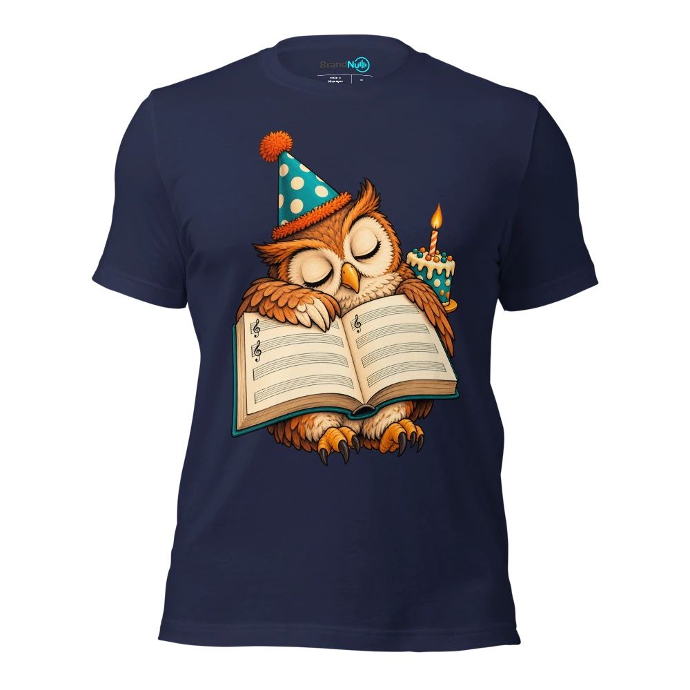 Birthday owl sleeping on an open blank music book T Shirt Navy Front