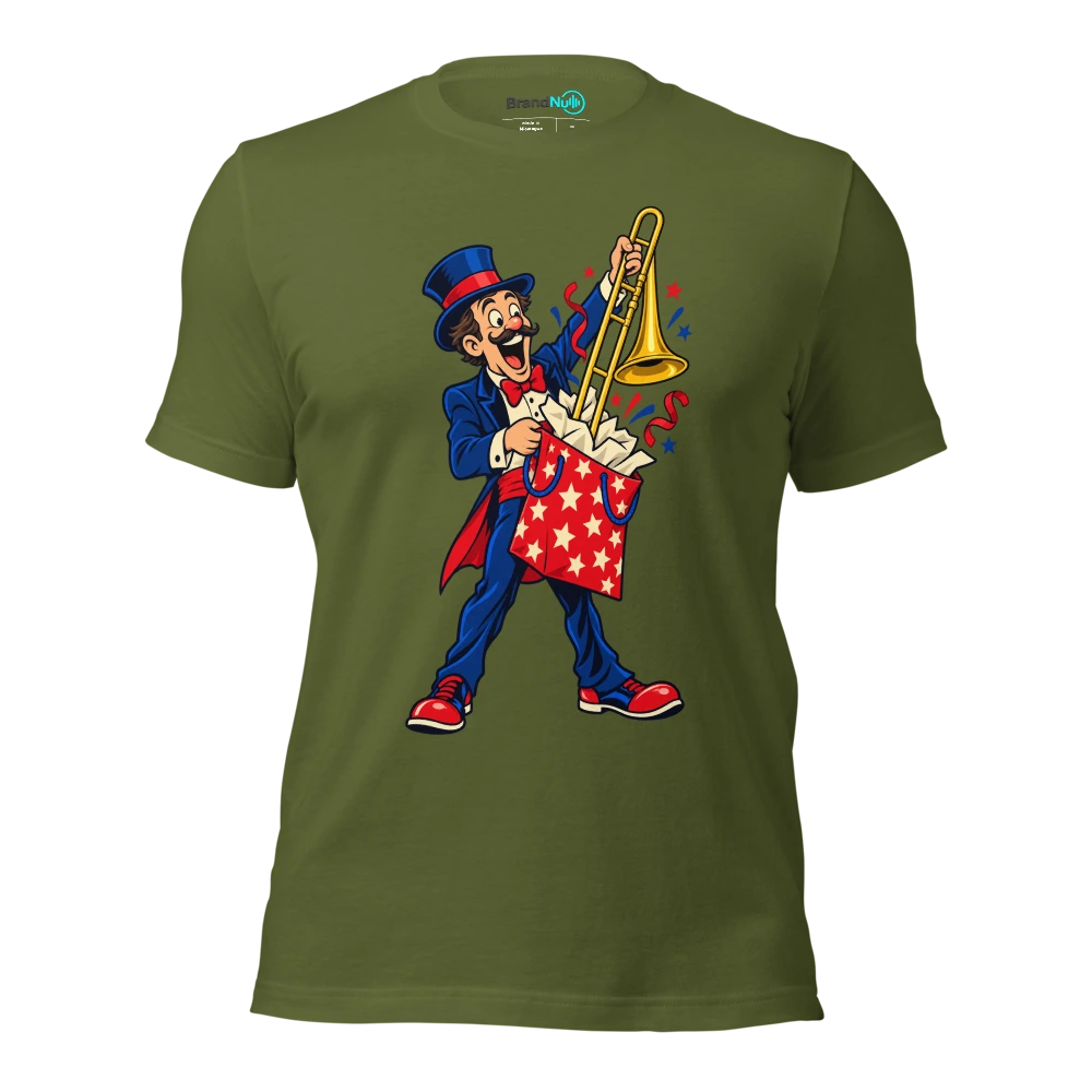 A birthday magician pulling a trombone out of a gift bag T Shirt Olive Front