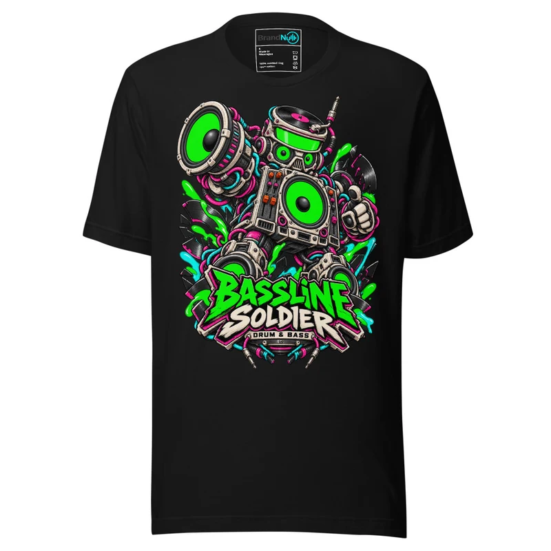 Bassline Soldier Drum and Bass T Shirt DnB Warning Graphic Green Screen - Black