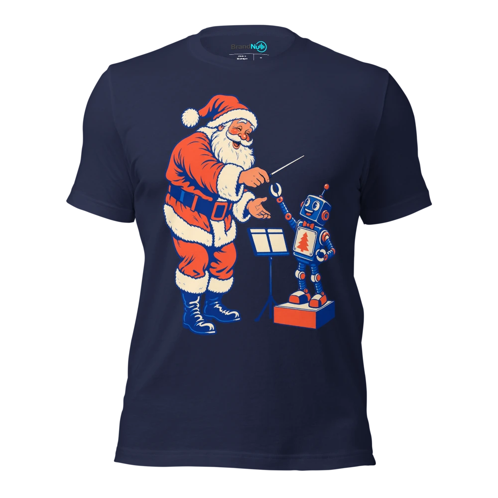 Santa conductor handing his baton to a toy robot T Shirt Navy Front