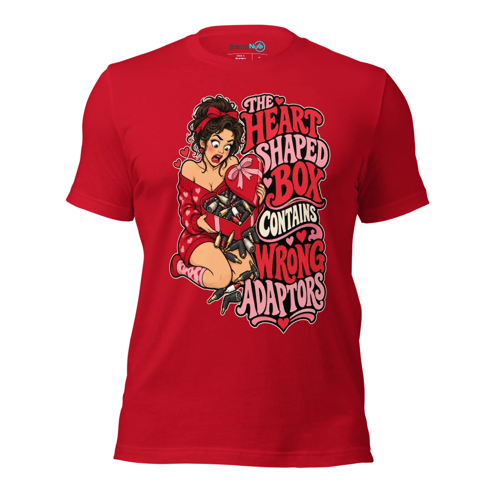 THE HEART SHAPED BOX CONTAINS WRONG ADAPTORS T Shirt Red Front