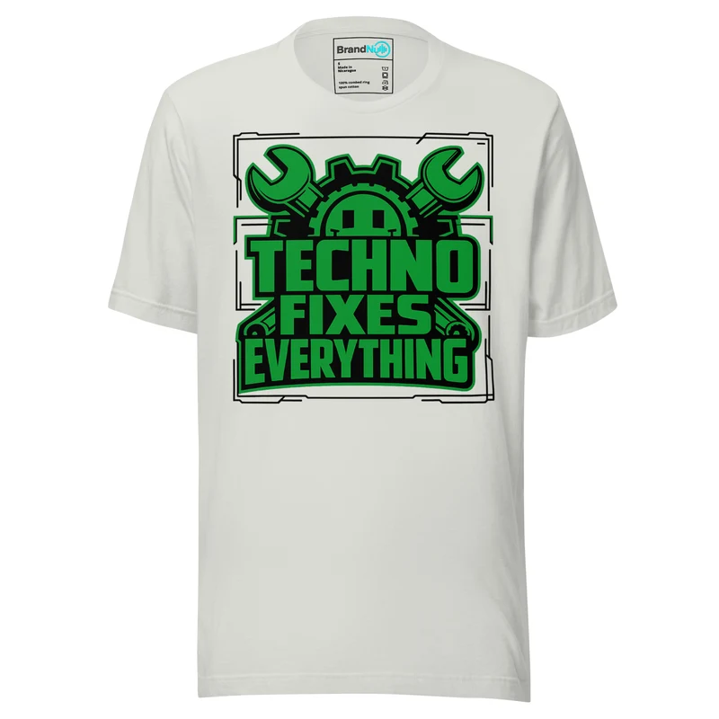 Techno Fixes Everything T Shirt DJ and Rave Culture - Silver