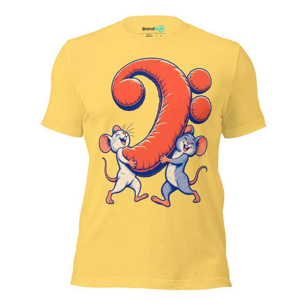 Two mice carrying one enormous bass clef shaped cushion T Shirt Yellow Front