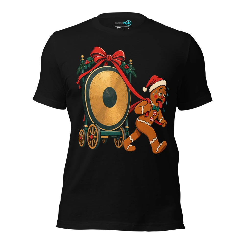 Gingerbread musician dragging a huge gong on a ribbon T Shirt Black Front