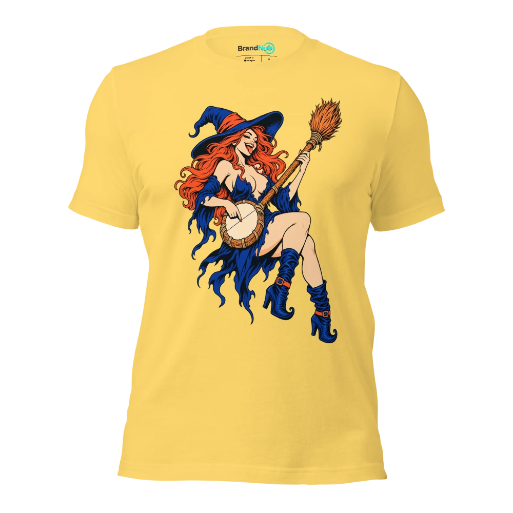 Witch plucking a single string on a broom shaped banjo T Shirt Yellow Front
