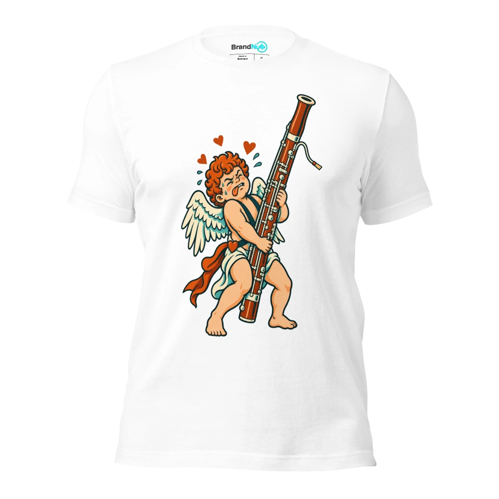 A cupid struggling to carry a full size bassoon instead of a bow T Shirt White Front
