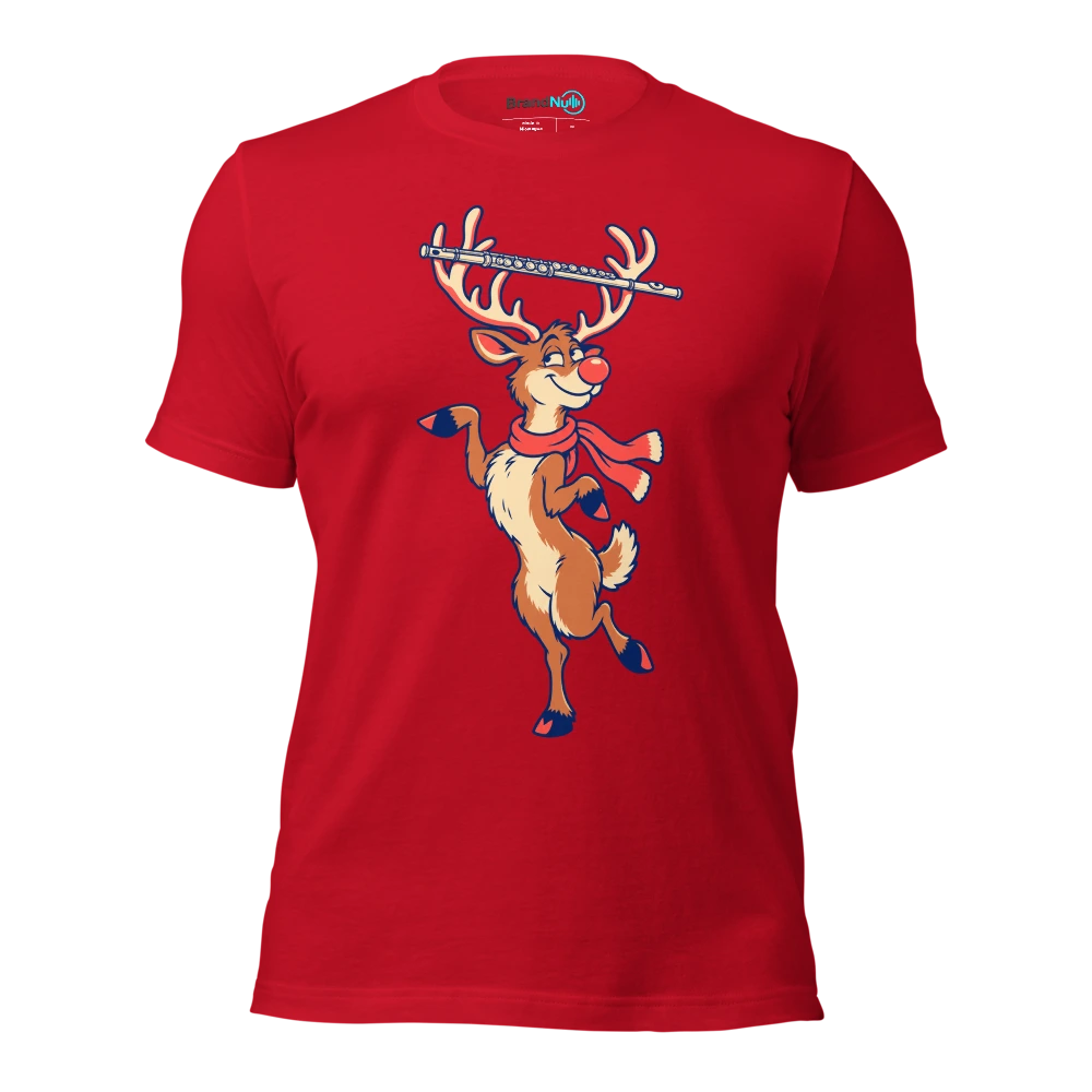 A reindeer balancing a delicate flute across its antlers T Shirt Red Front
