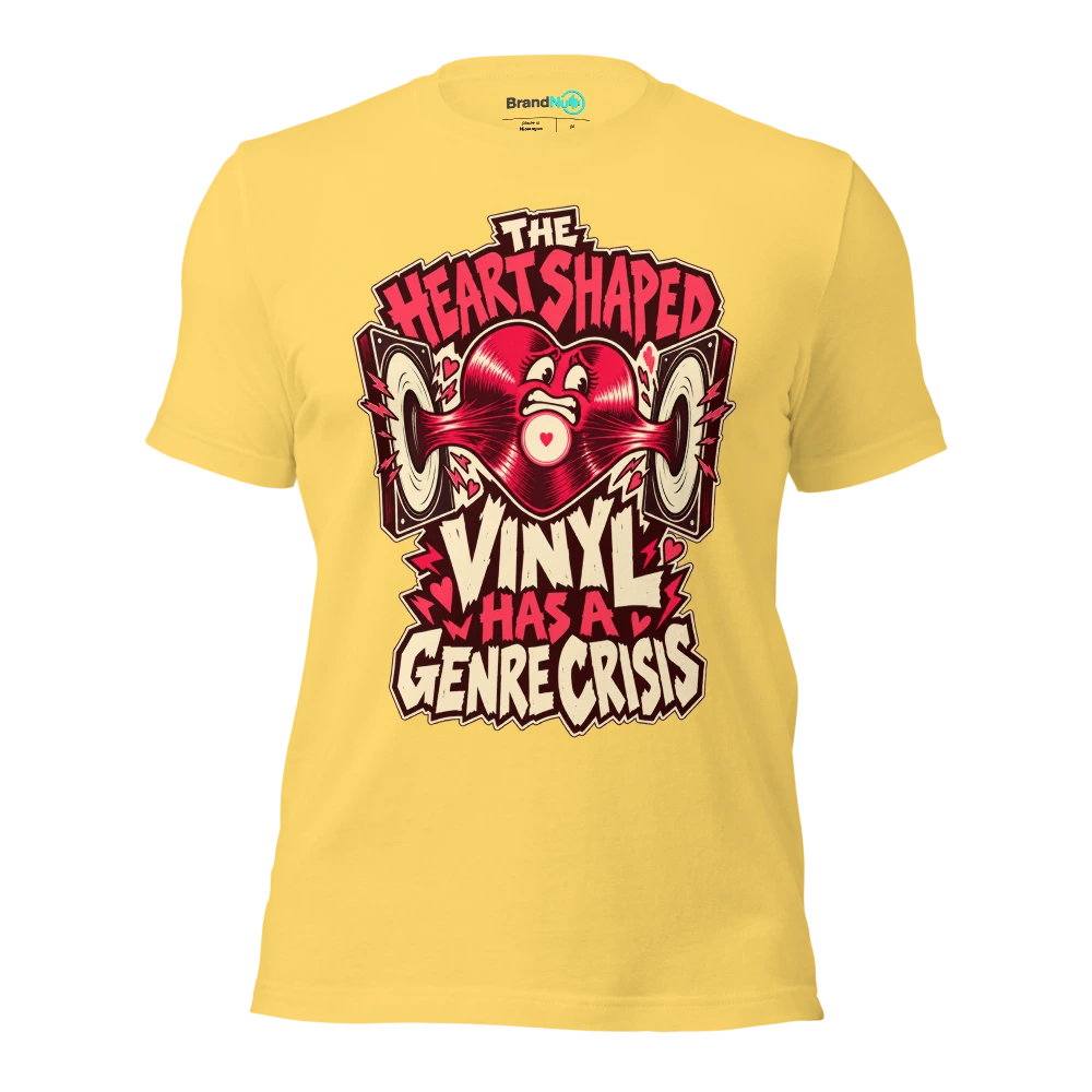 THE HEART SHAPED VINYL HAS A GENRE CRISIS T Shirt Yellow Front