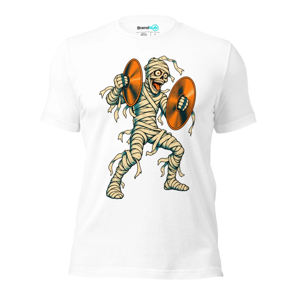 Mummy attempting to clap while holding two cymbals T Shirt White Front