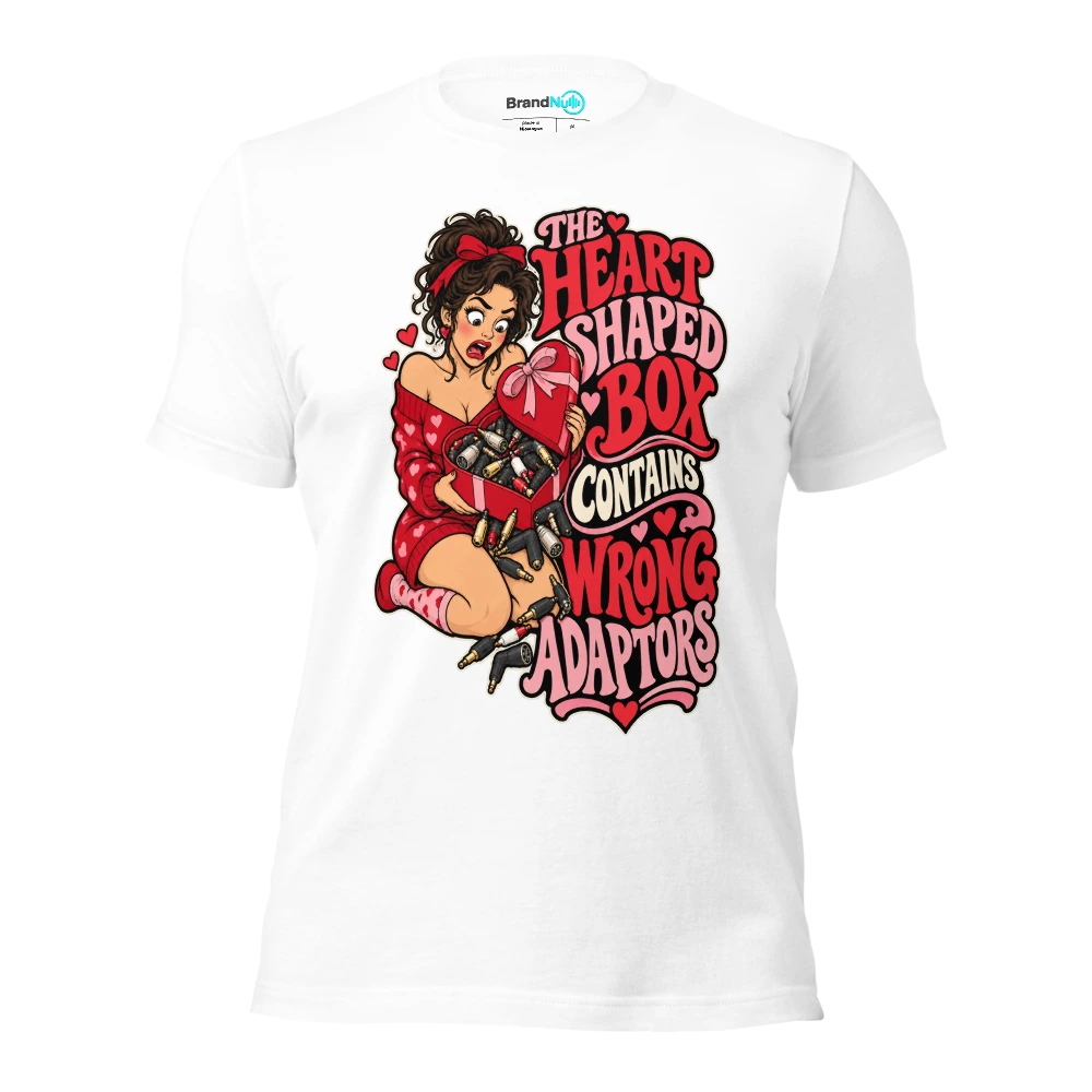THE HEART SHAPED BOX CONTAINS WRONG ADAPTORS T Shirt White Front