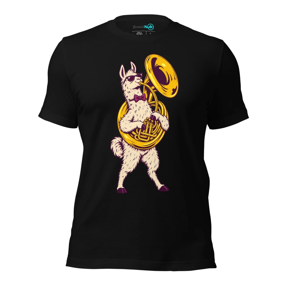 Llama wearing a bow tie and holding a sousaphone T Shirt Black Front