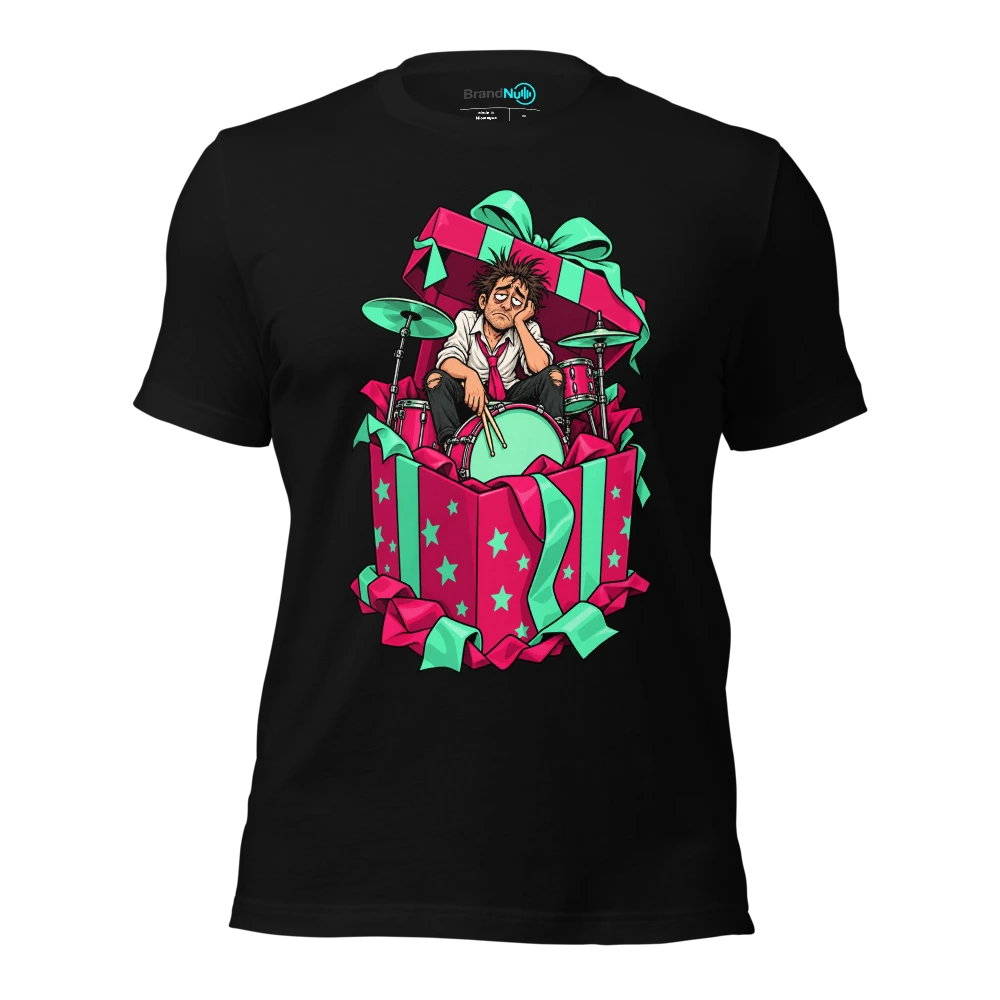 An exhausted drummer sitting inside an enormous open gift box T-SHIRT