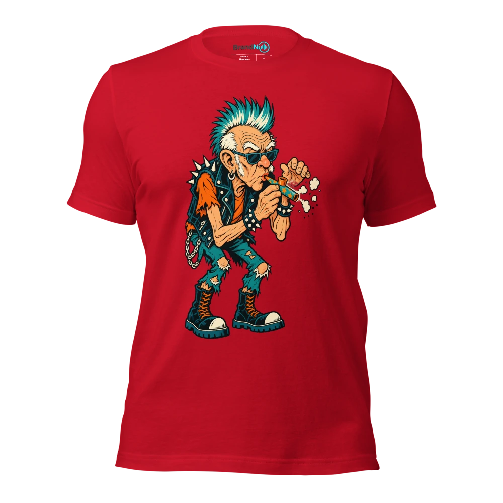 An elderly punk carefully blowing dust off a birthday kazoo T Shirt Red Front