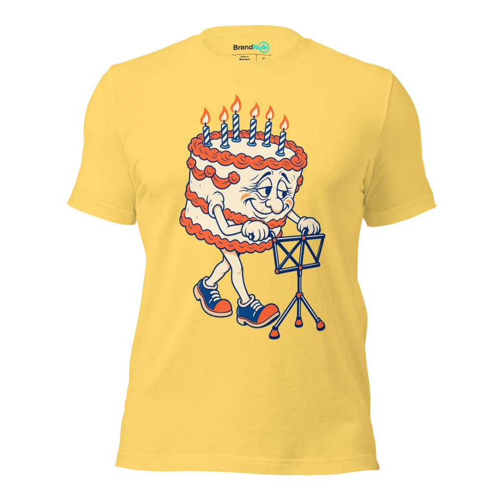 Cake mascot pushing a folded music stand like a walking frame T Shirt Yellow Front