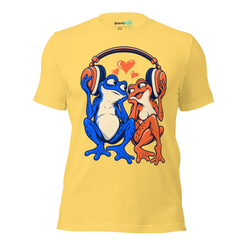Two frogs sharing a huge pair of headphones at opposite ends T Shirt Yellow Front