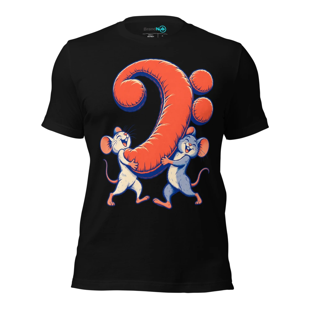 Two mice carrying one enormous bass clef shaped cushion T Shirt Black Front