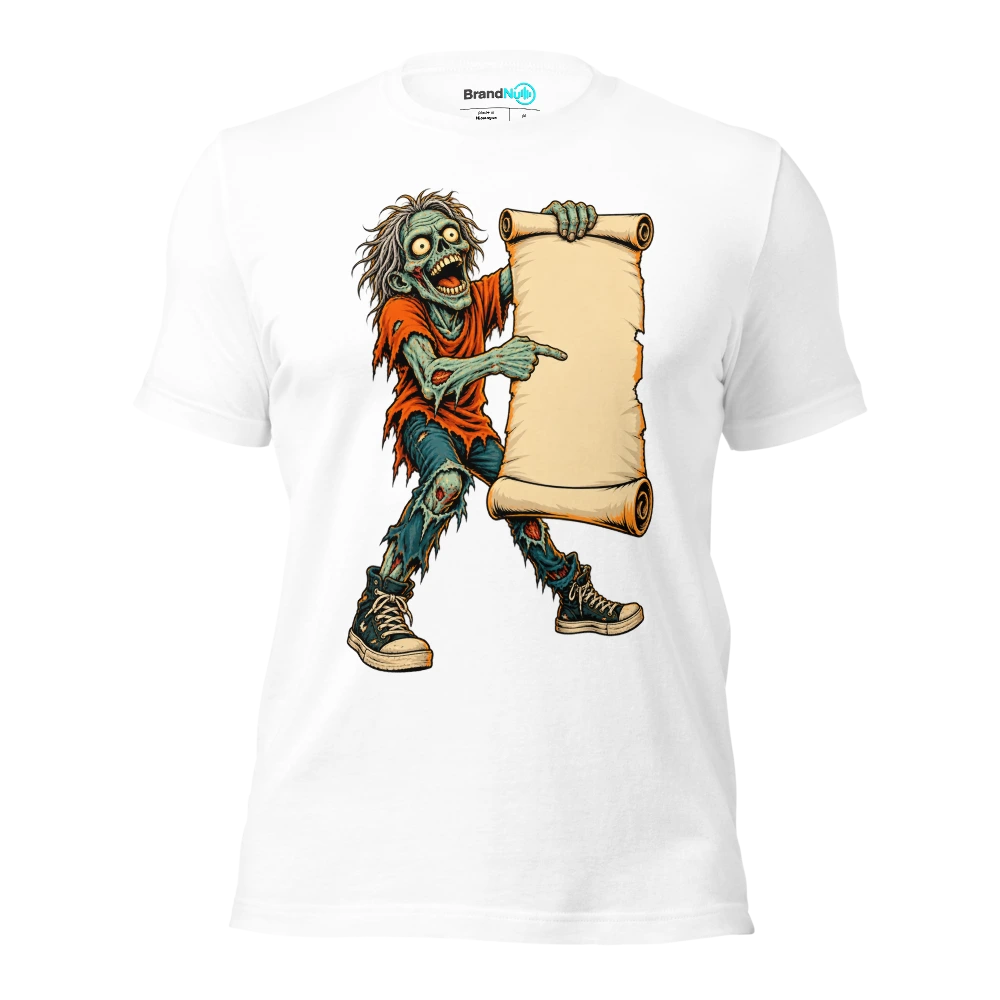 Zombie offering a blank encore request on a giant scroll T Shirt White Front