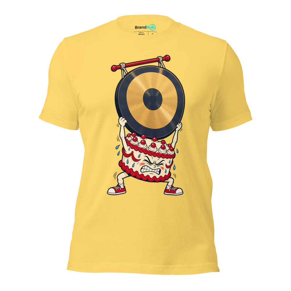 Cake mascot attempting to lift a gong with tiny arms T Shirt Yellow Front
