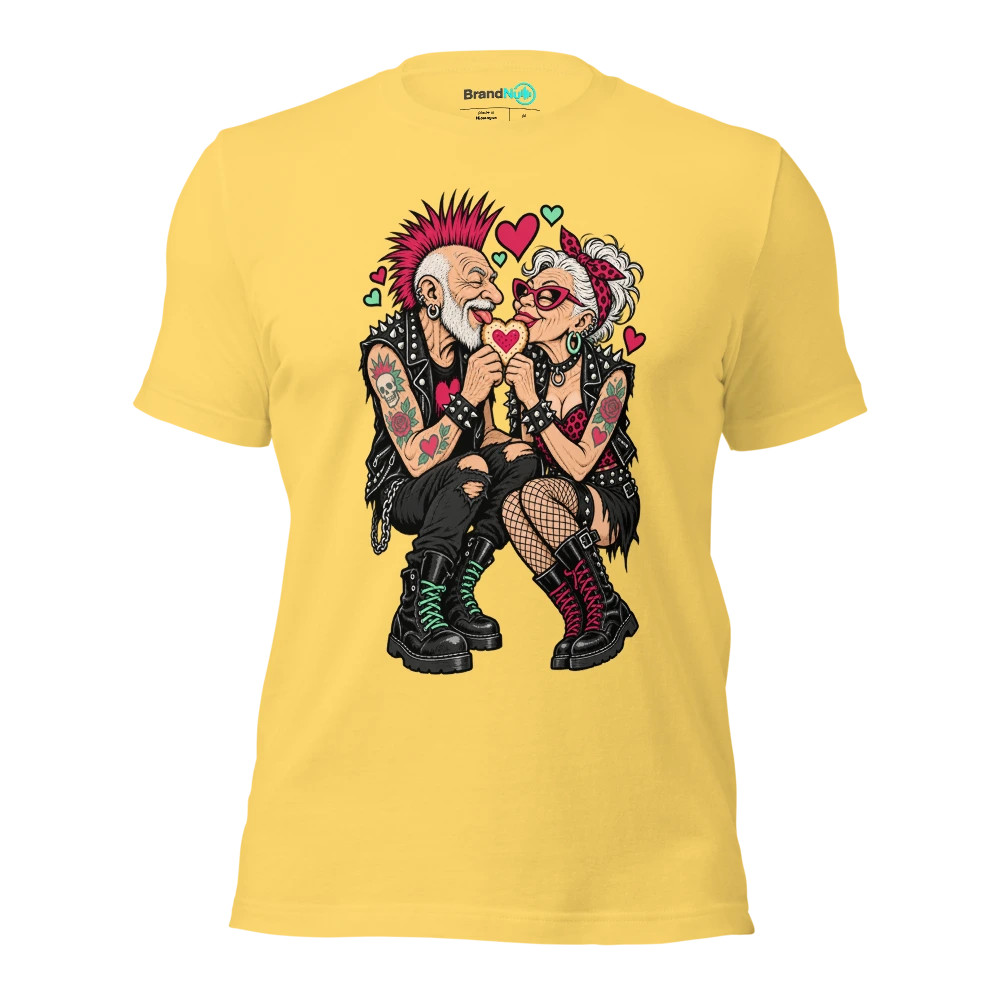 Two elderly punk musicians sharing a heart shaped biscuit T Shirt Yellow Front