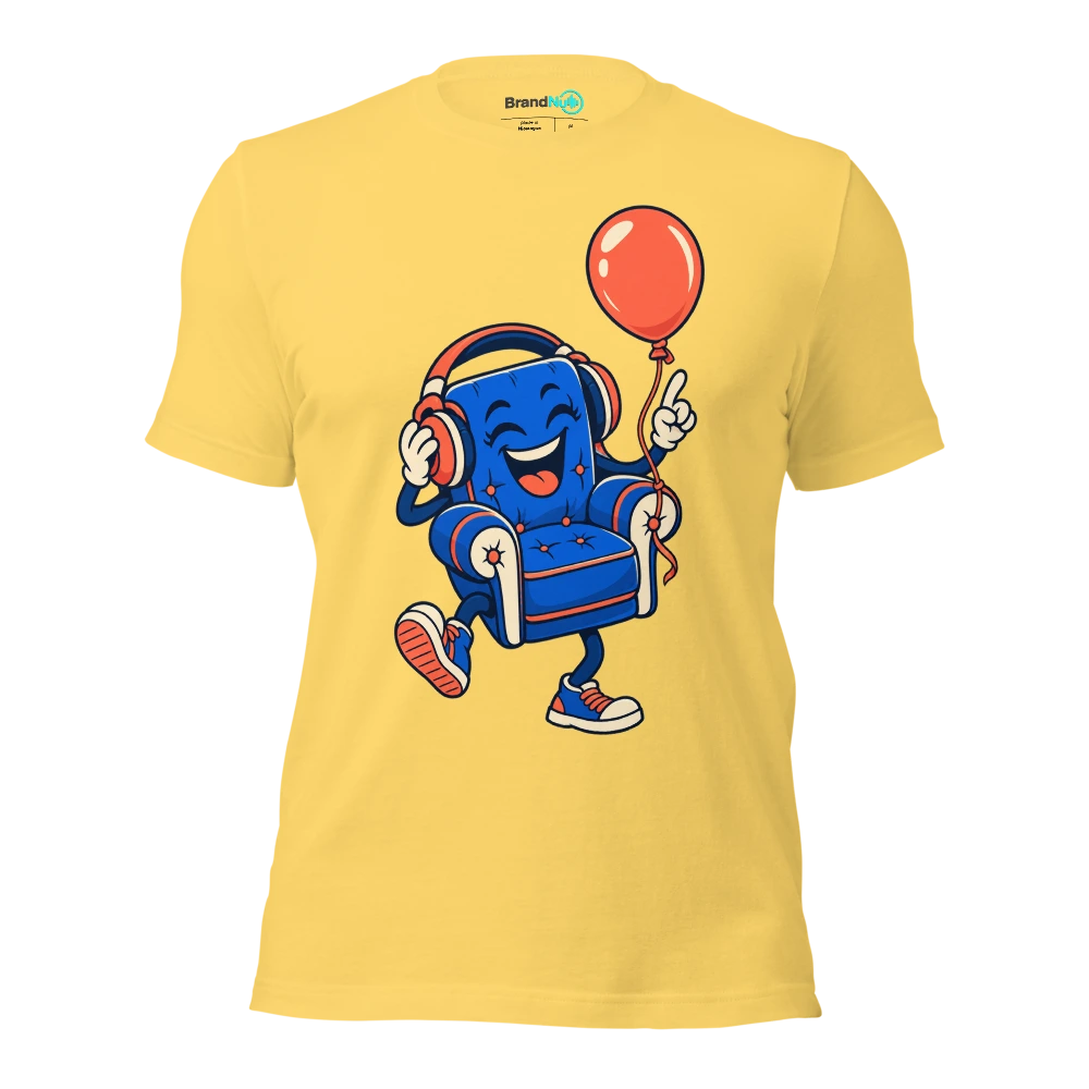 A cheerful armchair wearing headphones with a birthday balloon tied to its leg T Shirt Yellow Front