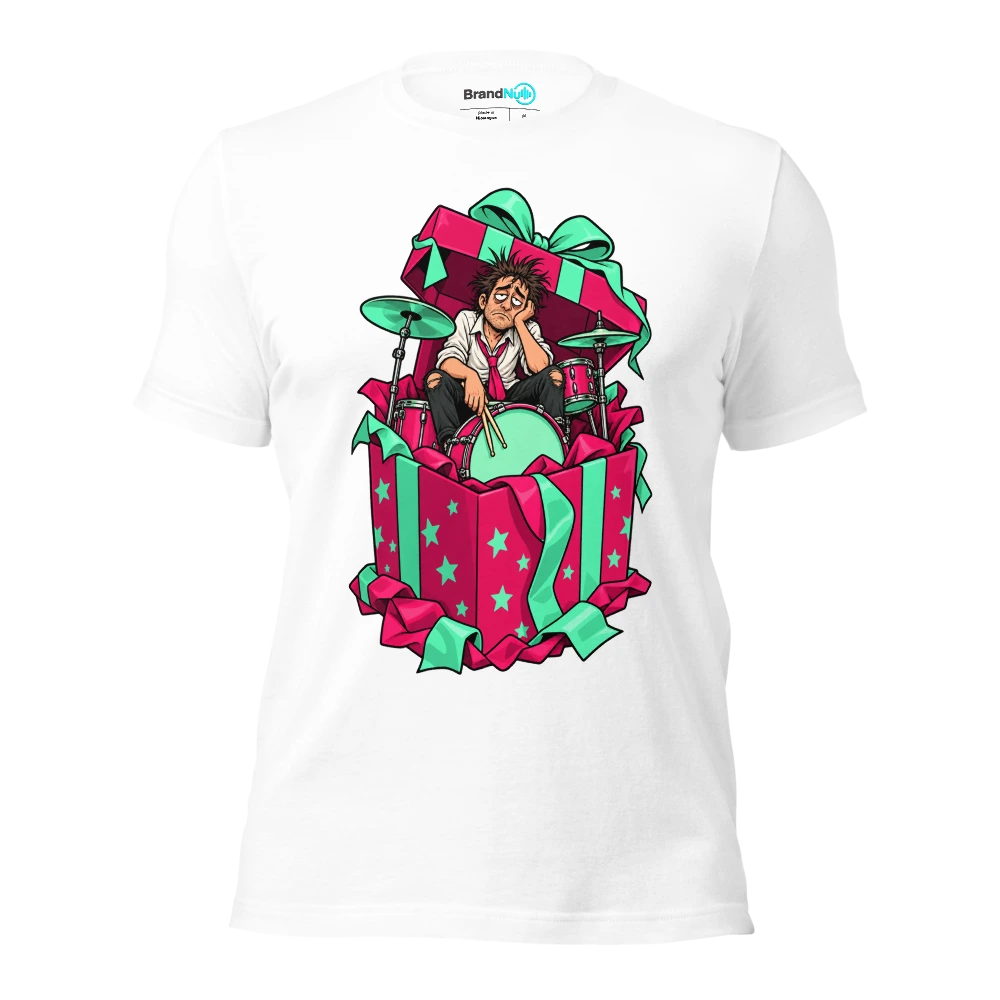 An exhausted drummer sitting inside an enormous open gift box T Shirt White Front