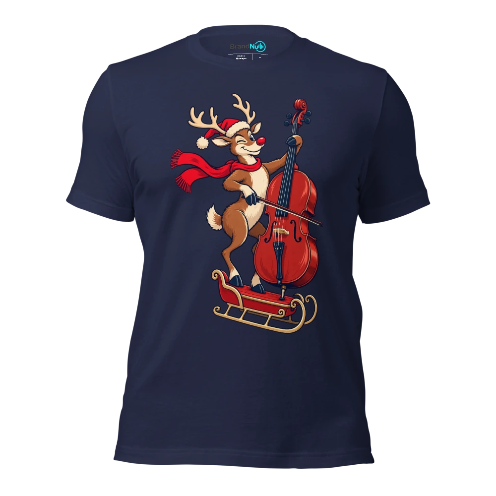 Reindeer balancing a cello on a tiny sleigh T Shirt Navy Front