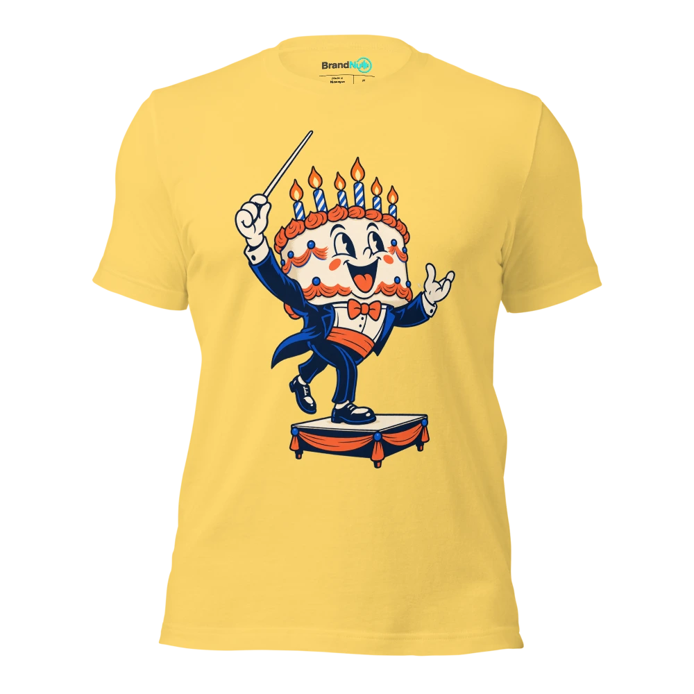 Cake mascot stepping onto a tiny conductor podium T Shirt Yellow Front